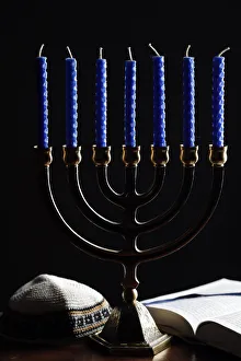 Black Background Prints: Menorah, kippah and Torah, Jewish symbols, France, Europe
