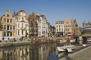 Ghent Prints: Merchants premises with traditional gables, by the river, Ghent, Belgium, Europe