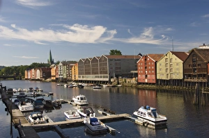 Trondheim Prints: Merchants warehouses and boat moorings along the Nidelva, Trondheim, Norway