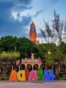 Arts Prints: Merida Letters and City Hall at dusk, Plaza Grande, Merida, Yucatan State, Mexico