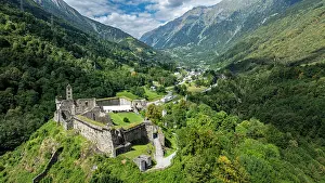 Observation Prints: Mesocco castle shows its structure and surroundings under the sky with clouds in Tessino