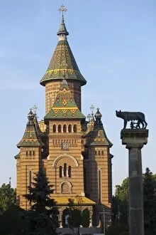 Metropolitan Cathedral and Romulus and Remus column, Timisoara, Romania, Europe