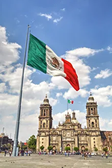 Trending: Mexican flag, Plaza of the Constitution (Zocalo), Metropolitan Cathedral in background