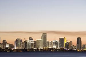 Miami downtown skyline at dusk, viewed from Julia Tuttle causeway, Miami, Florida, United States of America