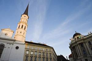 Michaelerkirche spire at dusk, Michaelerplatz, Vienna, Austria, Europe