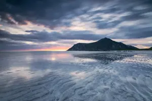 Flakstad Prints: Midnight sun and clouds reflected in the clear water of sea Skagsanden, Flakstad