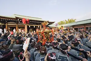 Mikoshi portable shrine being carried at Hadaka Matsuri (Naked Festival)