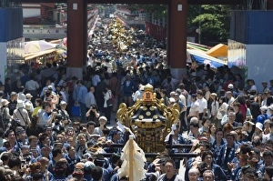 Asakusa Prints: Mikoshi portable shrine of the gods parade and crowds of people