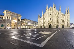 Spires Prints: Milan Cathedral (Duomo) and Galleria Vittorio Emanuele II at dusk, Milan, Lombardy