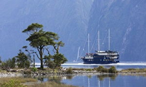 One Object Prints: The Milford Mariner dwarfed by steep mountains, Milford Sound, Fiordland National Park