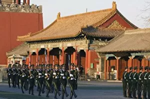 Military soldiers drill marching outside the Forbidden City Palace Museum