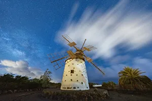 Windmills Prints: Milky Way glowing over the stone windmill, El Cotillo, La Oliva, Fuerteventura