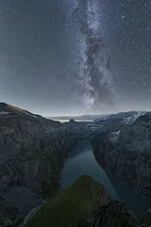 Ponds Prints: Milky Way in the starry night sky over lake Limmernsee, aerial view, Canton of Glarus