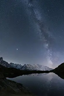 French Alps Prints: Milky Way in the starry sky over Mont Blanc and Grandes Jorasses view from Lacs de