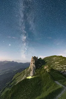 Stars Prints: Milky Way in the starry sky over Saxer Lucke mountain, aerial view, Appenzell Canton