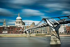 Millennium Bridge Prints: Millennium Bridge and St. Pauls Cathedral across the River Thames, London, England