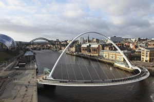 Pedestrian Bridge Prints: Millennium Bridge and Tyne Bridge span the River Tyne