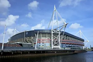 Stadium Prints: Millennium Stadium and River Taff in spring evening sunshine, from Fitzhamon Embankment