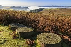 Bracken Collection: Millstones, bracken, fog of temperature inversion, Stanage Edge, early autumn, Peak