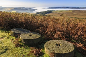 Autumnal Scene Prints: Millstones, bracken, fog of temperature inversion, Stanage Edge, early autumn, Peak