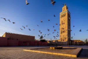 North African Prints: The minaret of the Koutoubia Mosque, Marrakech, Morocco, North Africa, Africa