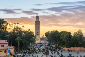 Marrakesh Prints: Minaret of the Koutoubia Mosque at sunset, from Jmaa El-Fna square, Marrakesh, Morocco