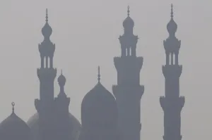 Mosques Prints: The minarets of the mosques of the old city in the smog, Cairo, Egypt, North Africa