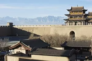 Ming dynasty Jiayuguan Fort dating from 1372, with Qilan Shan mountains in the Hexi Corridor