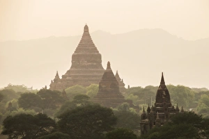 Burmese Prints: Mingalazedi Pagoda at the Temples of Bagan (Pagan) at sunset, Myanmar (Burma), Asia