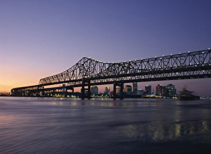 Louisiana Prints: Mississippi River Bridge in the evening and city beyond