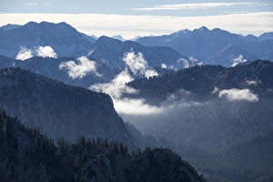 Autumn Scene Prints: Mist of autumn on the high peaks surrounded by woods, Fussen, Bavaria, Germany, Europe