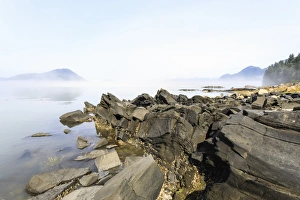 Wrangell Prints: Mist clears from beautiful Petroglyph Beach, State Historic Park, archaeological site