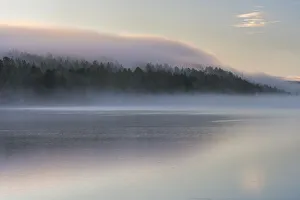 Muonio Prints: Mist over lake and forest at sunrise in autumn, Lake Toras-Sieppi, Muonio, Lapland