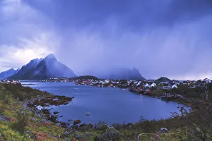 Moody Sky Gallery: Mist above Reine Bay at dusk, Moskenes, Nordland, Lofoten Islands, Norway
