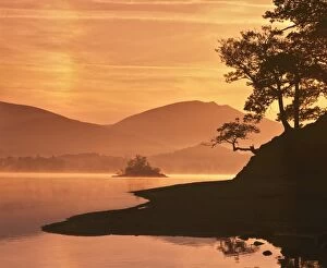 Mis t ris ing on Derwent Water at dawn, Lake Dis trict National Park, Cumbria