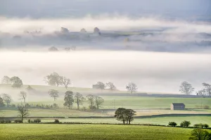 Barn Prints: Mist rising over East Halton and Embsay in Lower Wharfedale, North Yorkshire, Yorkshire