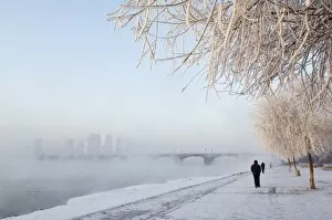 Mist rising off Songhua River and ice covered trees in winter, Jilin City