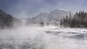 Alberta Prints: Mist rising off the waters of the Bow River in sub-zero winter weather, Canmore, Alberta