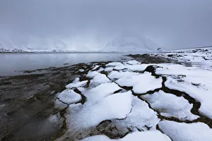 Volanstinden Prints: Mist on the snowy peak of Volanstinden, Fredvang, Lofoten Islands, Nordland, Norway