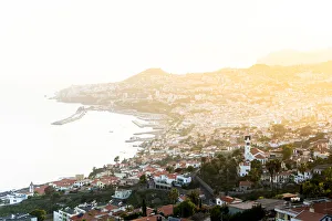 Funchal Prints: Mist at sunset over Funchal Bay and city viewed from Sao Goncalo, Madeira island