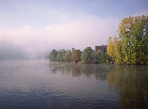 River Seine Prints: Misty autumn morning on River Seine, Petit Andelys, Haute Normandie, France, Europe