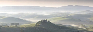 Pienza Prints: Misty dawn panoramic view towards Belvedere