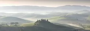 Images Dated 11th May 2009: Misty dawn panoramic view towards Belvedere, across Val d Orcia, UNESCO World Heritage Site