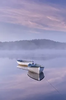 Aberfoyle Prints: Misty daybreak over Loch Rusky in May, Aberfoyle, The Trossachs, Scotland, United Kingdom