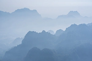 Hpa An Prints: Misty limestone karst mountain landscape at sunrise, seen from Mount Zwegabin, Hpa An