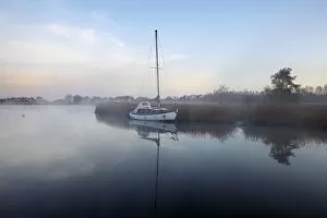 Norfolk Broads Collection: A misty morning in the Norfolk Broads at Horsey Mere, Norfolk, England, United Kingdom, Europe