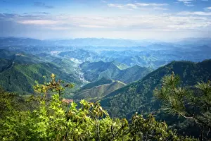 Zhejiang Prints: Misty mountain chains and valley with village as seen from Tian Mu Shan peak, Zhejiang