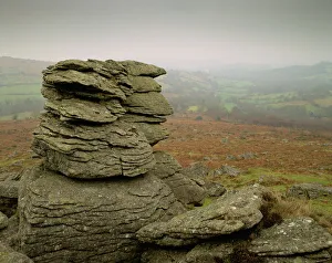 Surface Processes Prints: Misty view at Hound Tor, Dartmoor, south Devon, England, United Kingdom, Europe