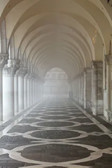 Monochrome Prints: Misty view of pillars, Doges Palace, St. Marks Square, Venice, UNESCO World Heritage Site