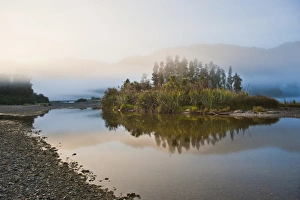 Pebble Prints: Misty Waitangitanoa River at sunrise